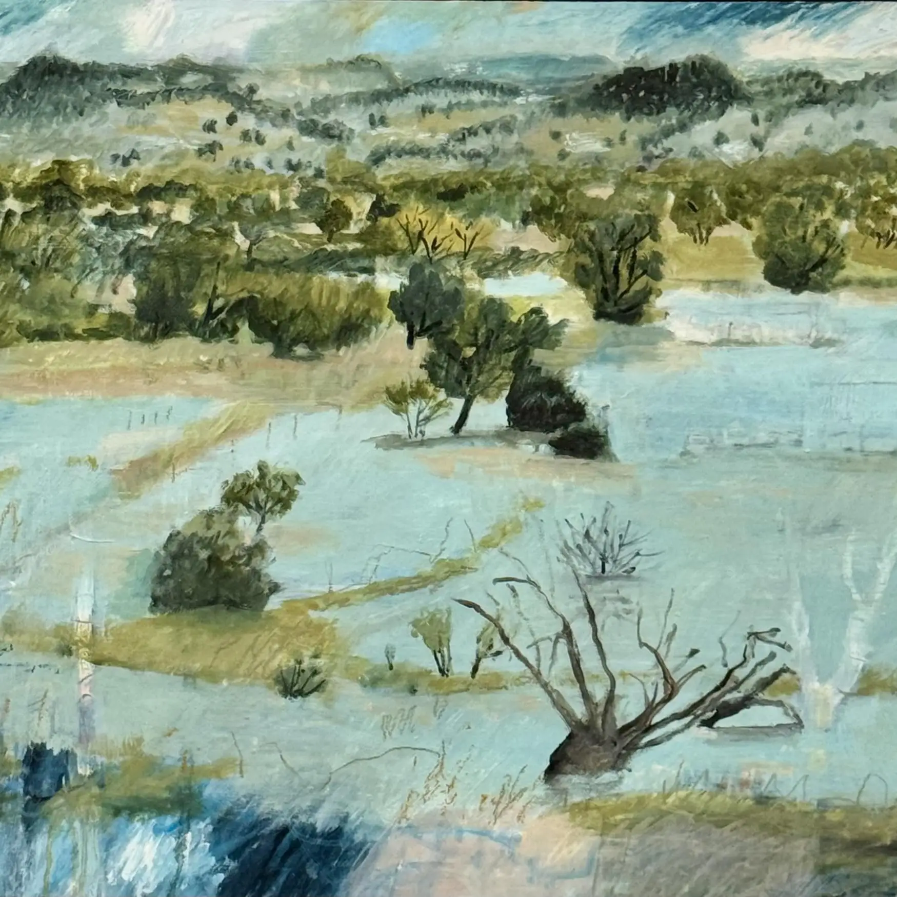 Receding Flood Waters, Morpeth _ 62 x 92 cm framed_oil on panel 