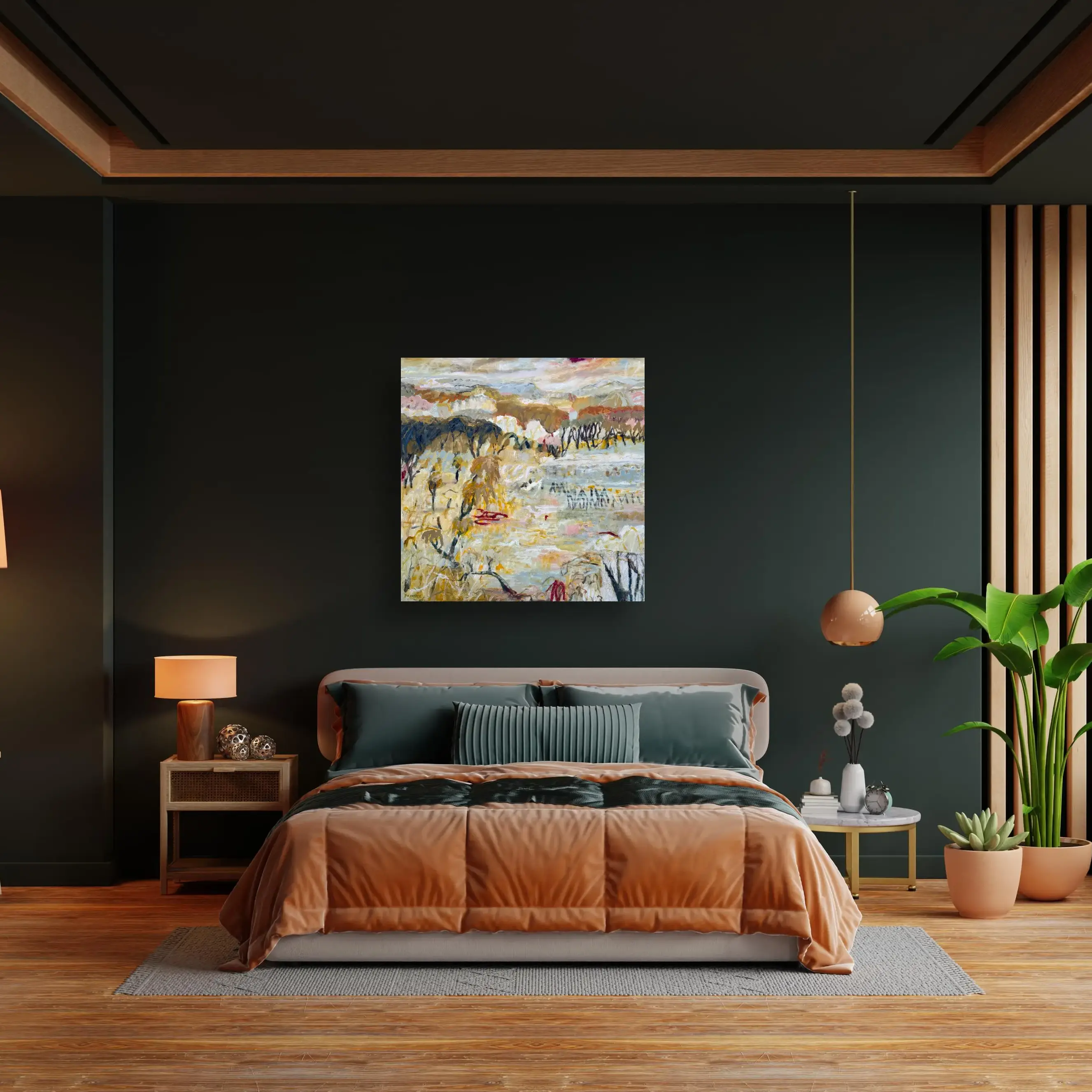 The Landscape Erased and Rewritten on Bedroom dark green.webp